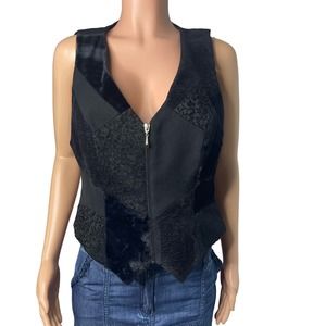 Lucia Lukken VINTAGE black mixed‎ media zip up vest, Medium 90s